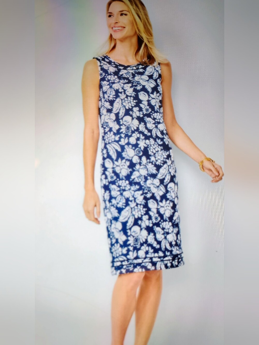 Talbots Mixed Fruit Navy & White Floral Textured Shift Dress Women's Sz 6